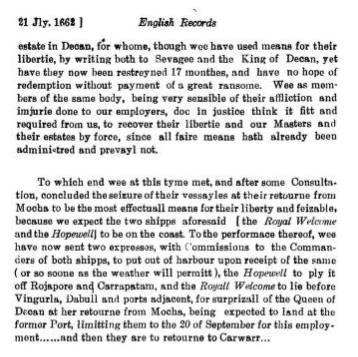 रॉयल वेलकम आणि होपवेल या जहाजांच्या कप्तानांसाठीची अधिकारपत्र  (English records on Shivaji मधून )    